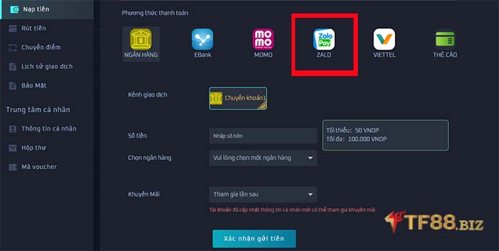 Các bước nạp tiền bằng Zalo pay tại TF88